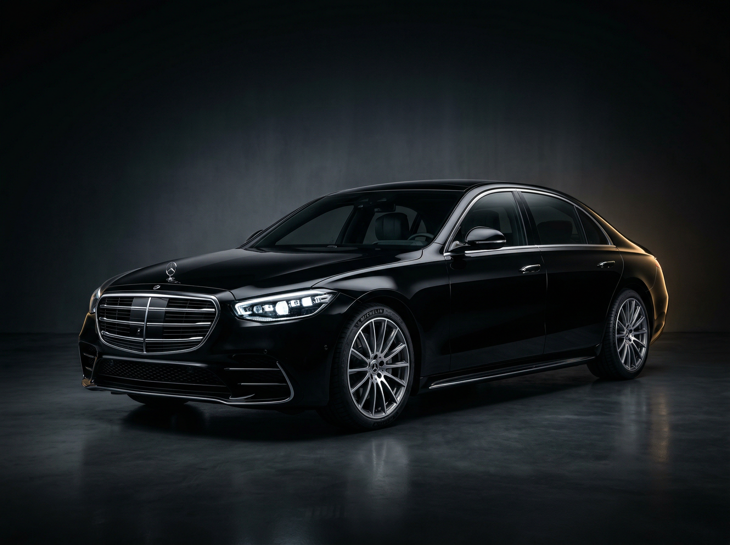 Sleek black Mercedes S-Class luxury sedan with dramatic studio lighting