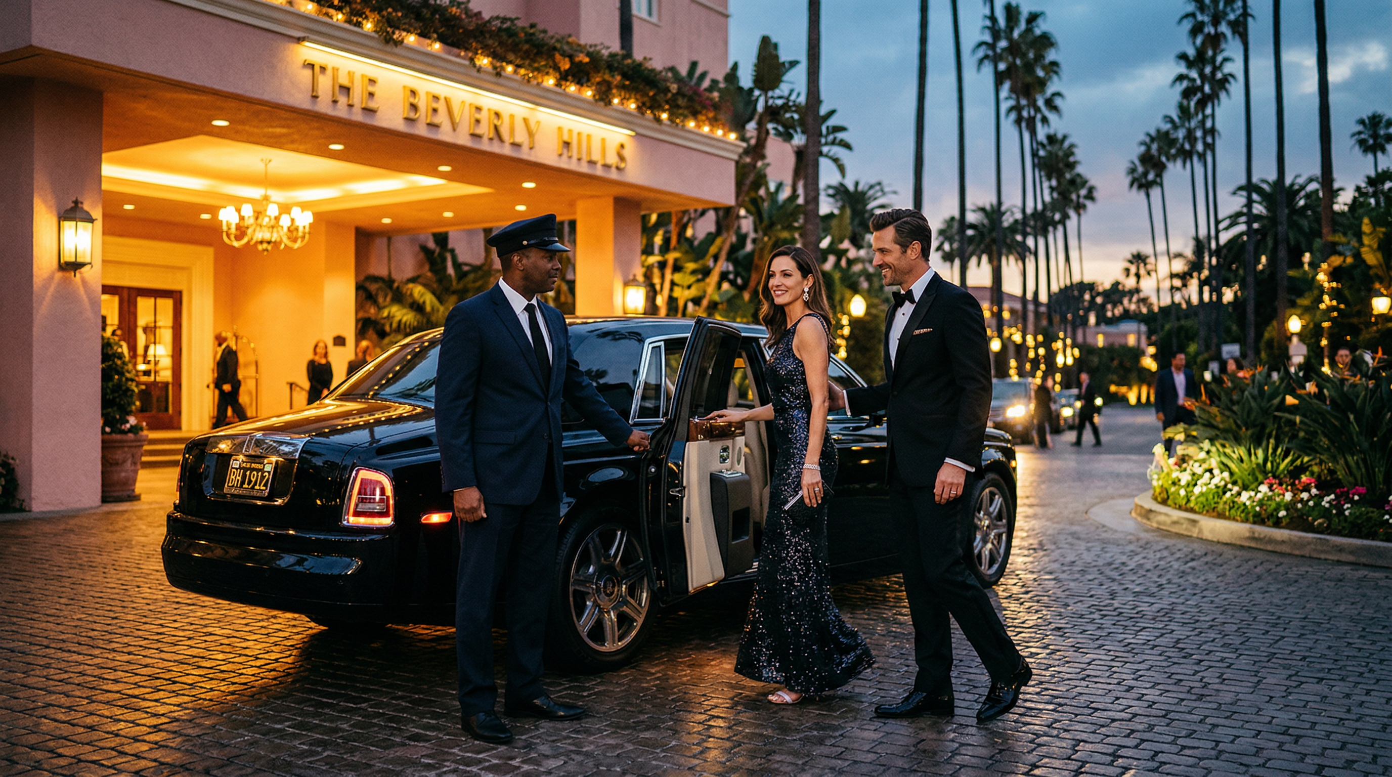 Elegant couple stepping into a luxury vehicle at a grand hotel entrance at twilight with professional chauffeur