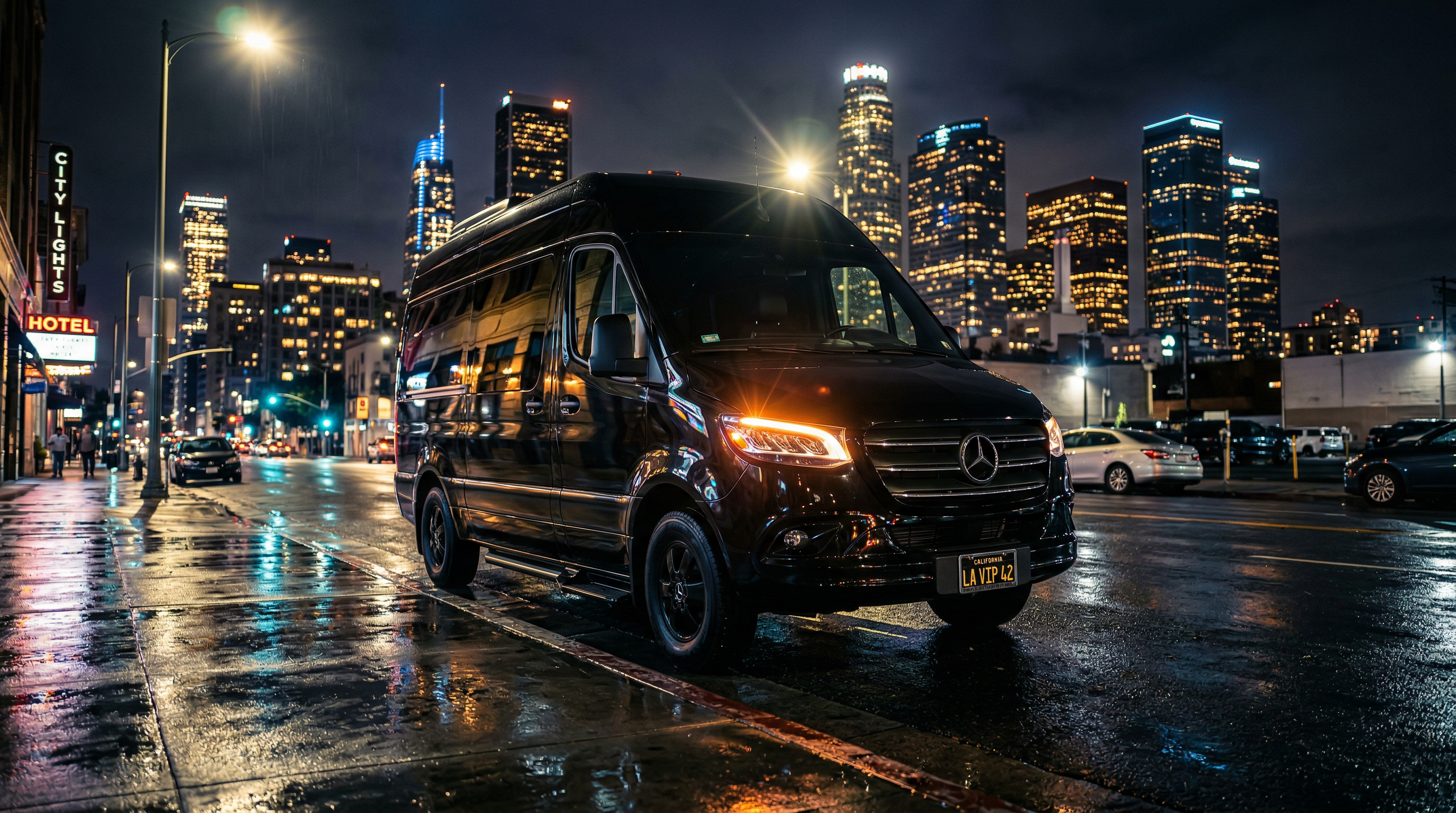 Black Mercedes Sprinter van on a wet Los Angeles street at night with the city skyline glowing behind