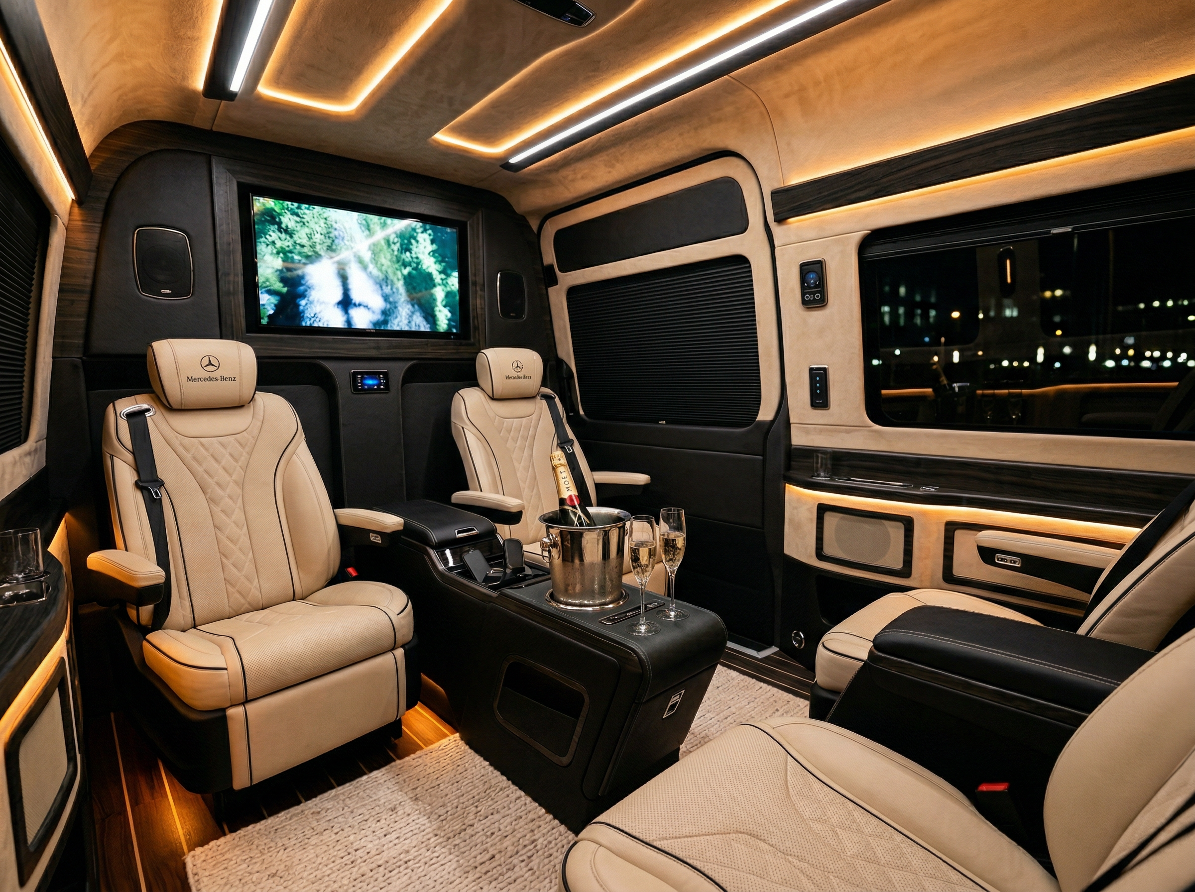 Luxurious interior of Mercedes Sprinter with leather seats, ambient lighting, and champagne service